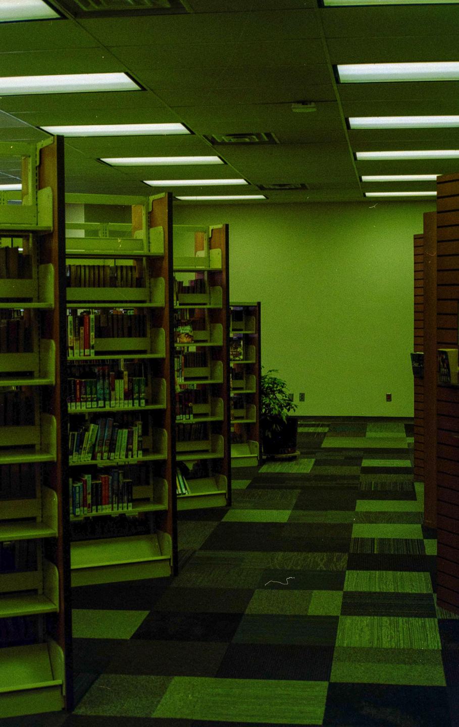 A library aisle with bookshelves and a checkered carpet is illuminated by fluorescent lights, all bathed in a green hue.