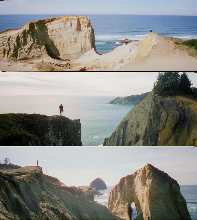 Three panoramic images show different views of the Oregon coast with cliffs, ocean, and a person standing on a cliff in two of the images.