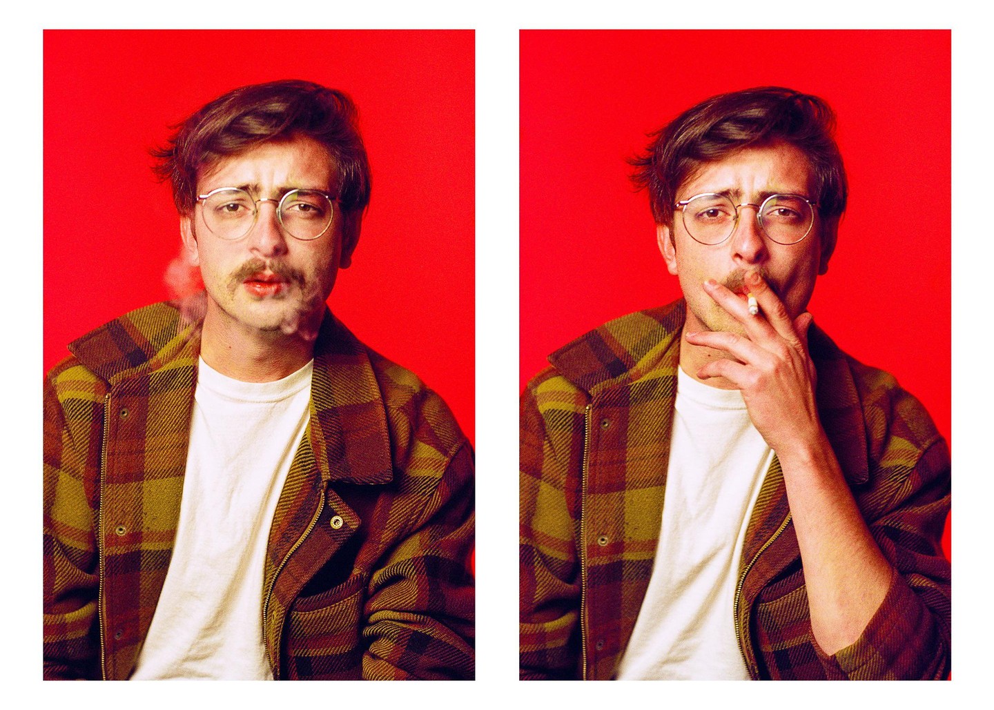 A man with glasses and a mustache smokes a cigarette against a red background in a diptych.