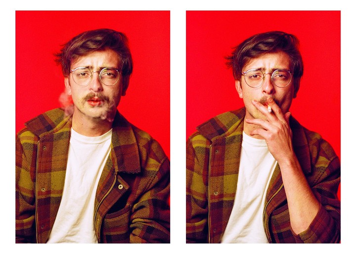 A man with glasses and a mustache smokes a cigarette against a red background in a diptych.