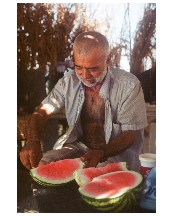 A man with a beard is cutting watermelon slices in a sun-dappled outdoor setting.