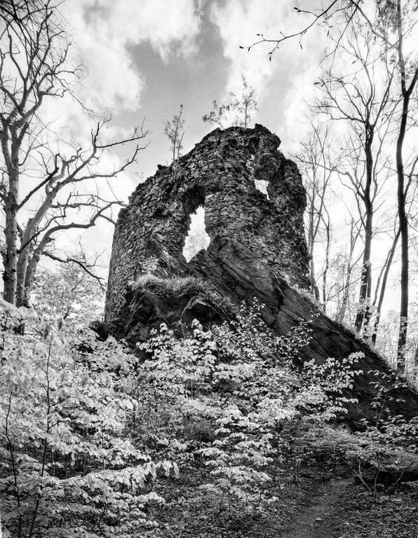 A stone ruin stands on a hill surrounded by trees and foliage under a cloudy sky.