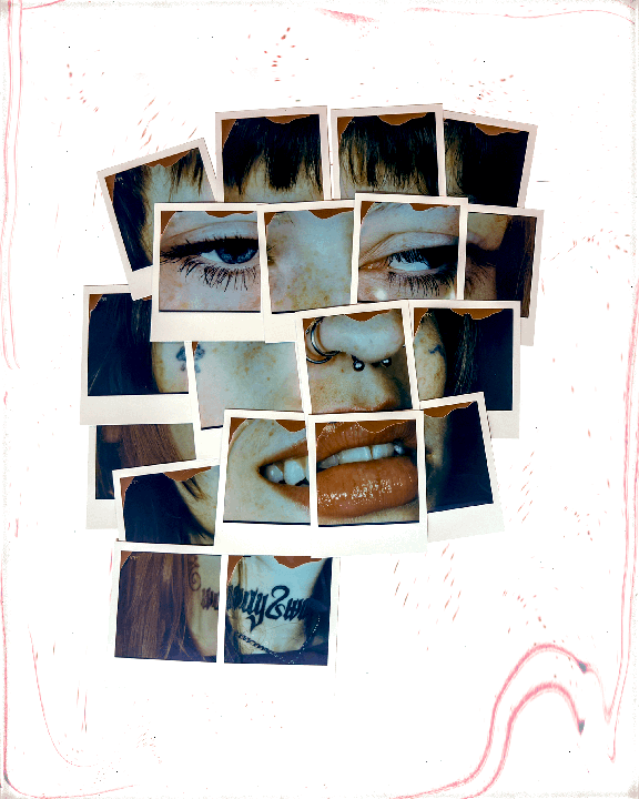 A collage of instant film prints shows close-up details of a woman's face, including her eyes, nose, mouth, and neck tattoo.