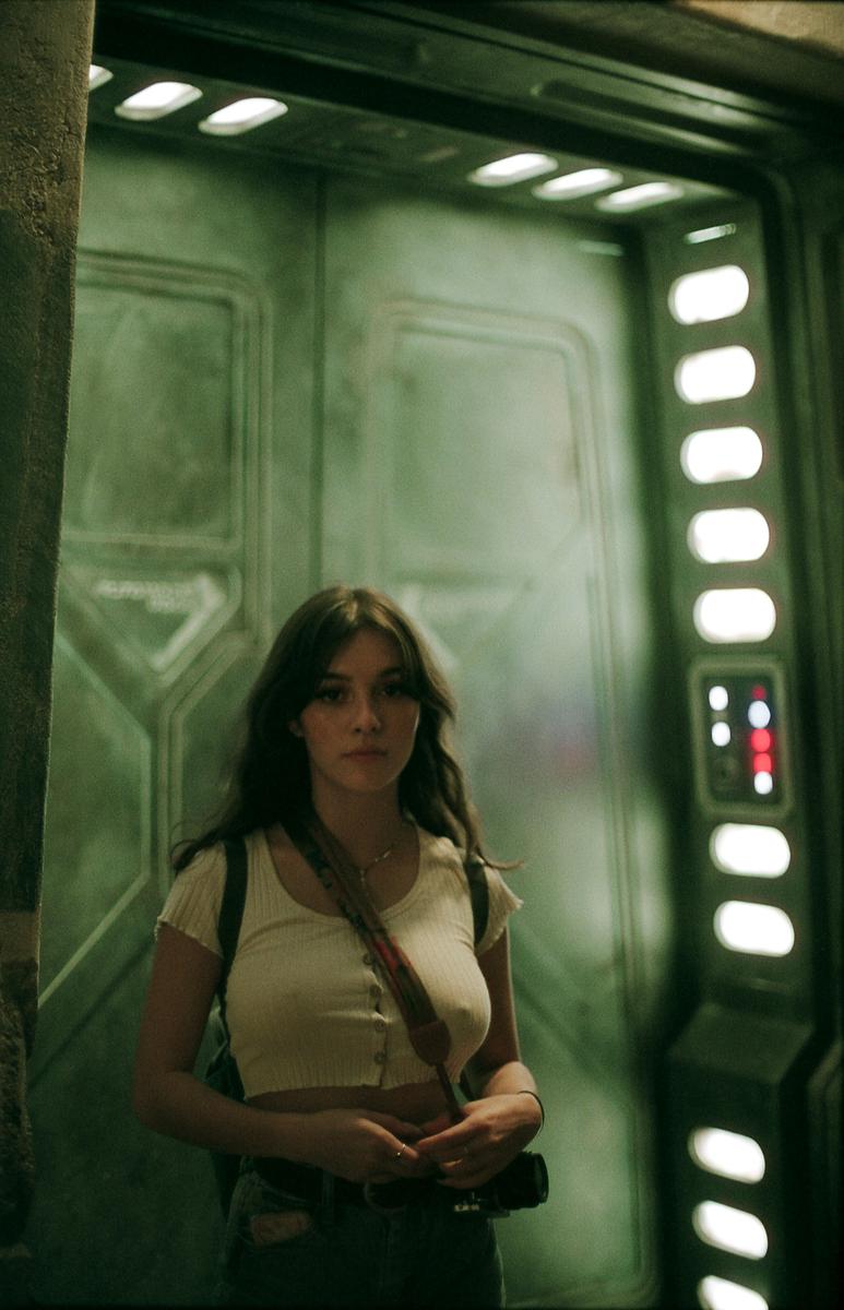 A woman stands in front of a green door with illuminated panels.