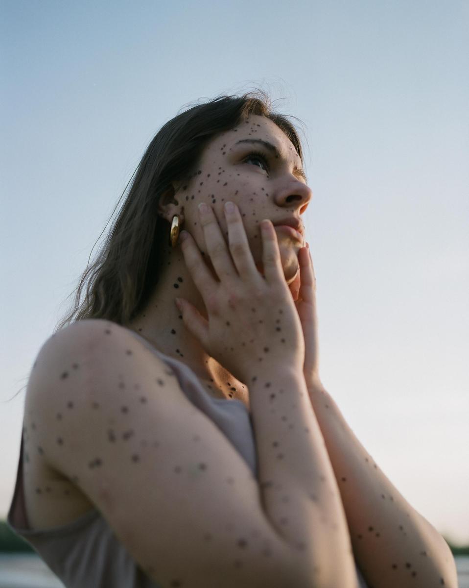 A woman with dark spots on her skin looks up at the sky, with her hands on her face.