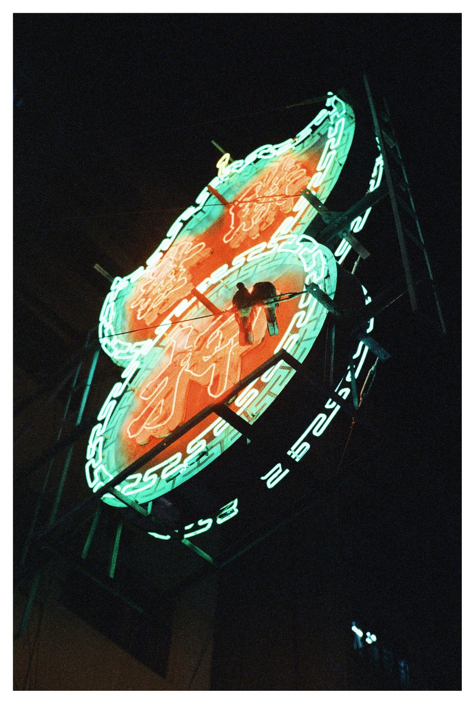 Two pigeons perch on a large neon sign at night.
