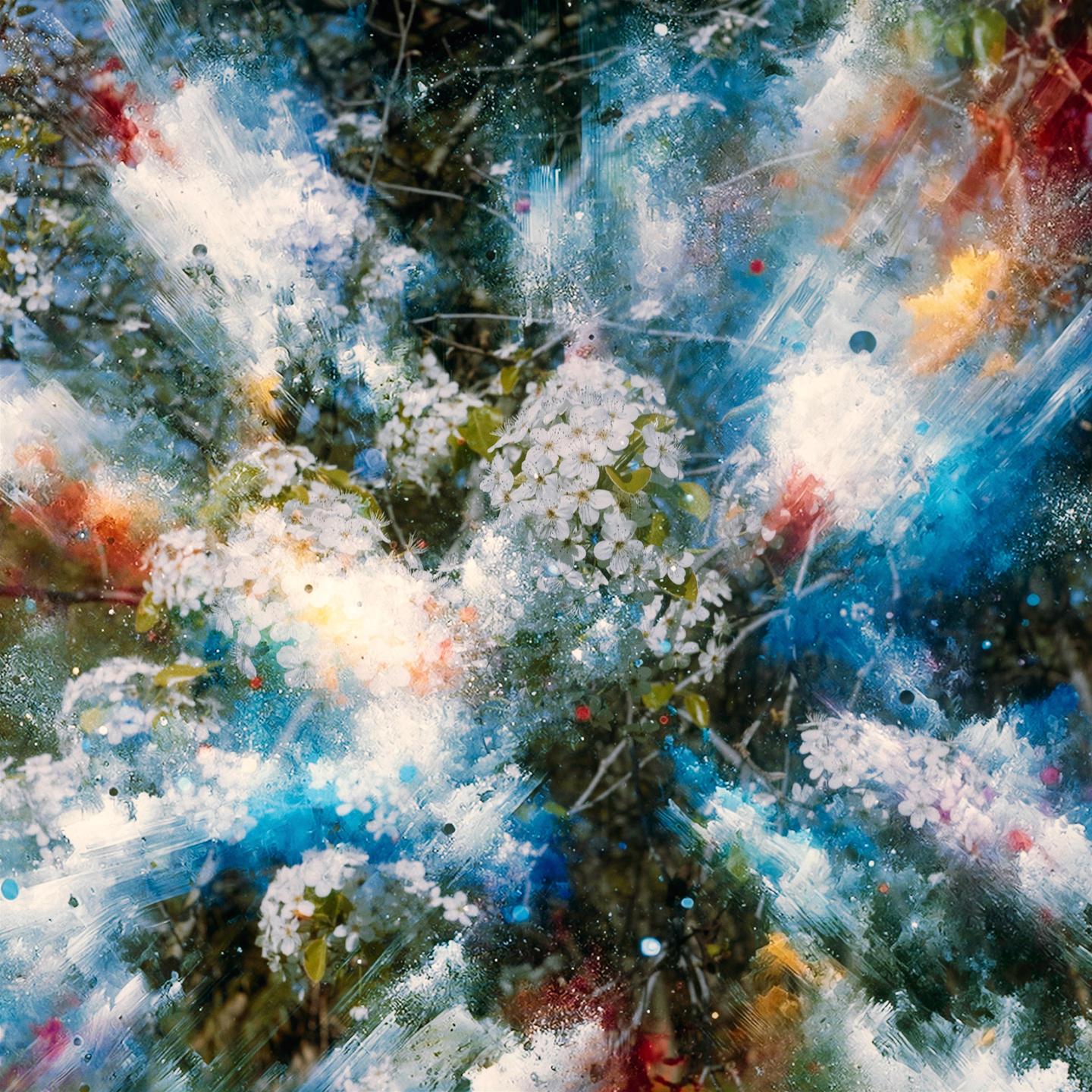 White blossoms are visible through a colorful double exposure.