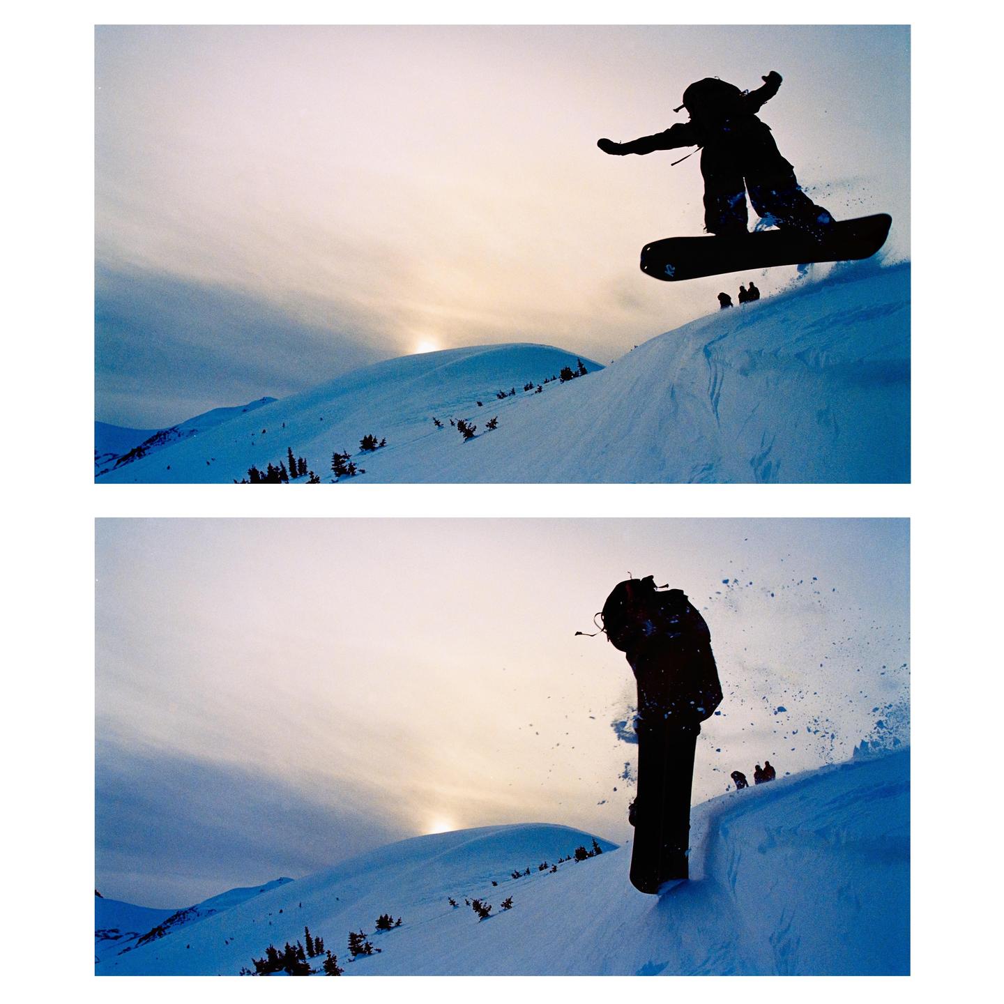 A snowboarder is captured mid-air against a bright sky and snow-covered mountains in two frames.