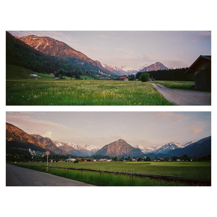 Two panoramic images show a rural landscape with mountains, fields, and small buildings under a cloudy sky.