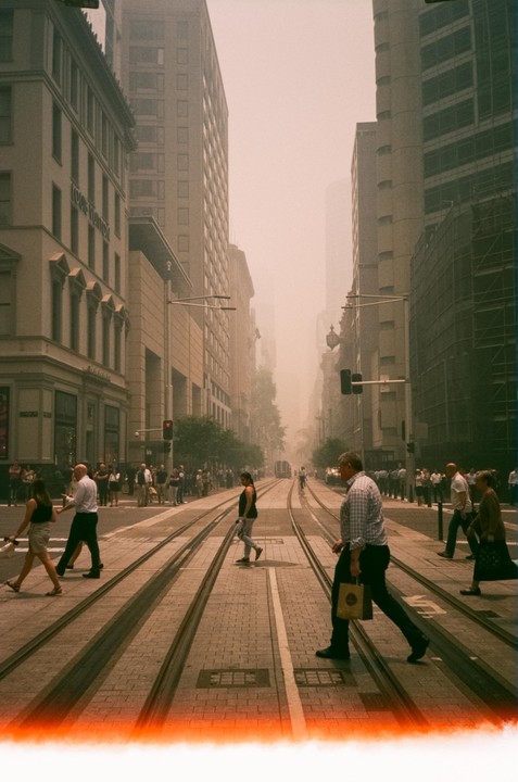 People walk across a street with tram tracks in a hazy city.