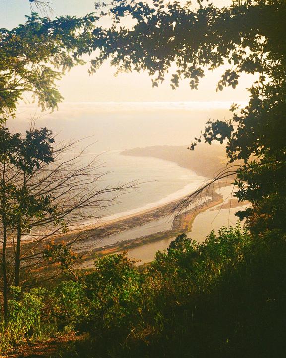 A golden hour landscape shows a bay and a river from a high vantage point, framed by trees.