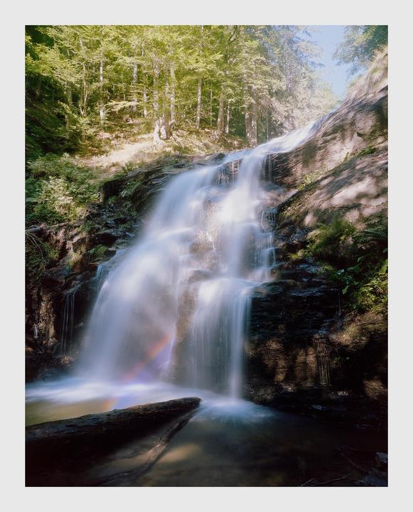 A long exposure photograph captures a waterfall cascading over rocks in a forest, with a rainbow visible in the mist and a fallen log in the foreground.