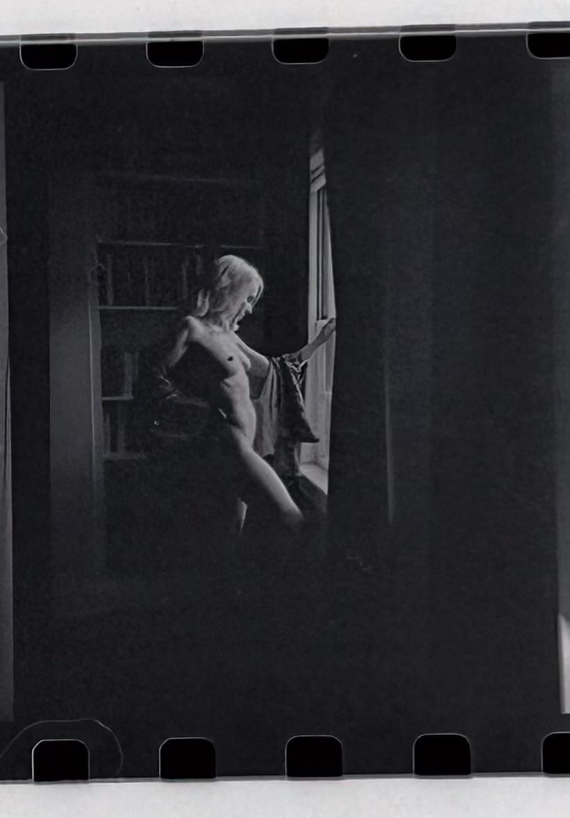 A woman stands partially nude by a window, with a bookshelf visible in the background.