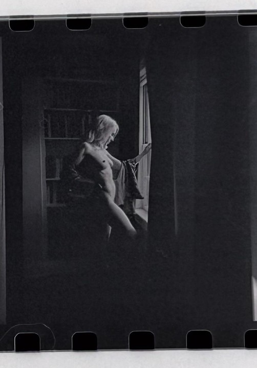 A woman stands partially nude by a window, with a bookshelf visible in the background.