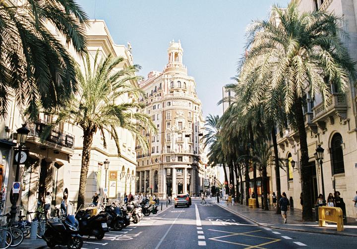 A street in Valencia is lined with palm trees and historic buildings, with people and vehicles moving along the road.