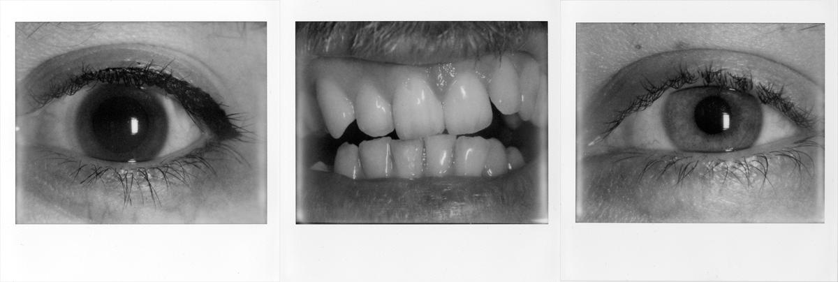 Three close-up black and white images show two eyes and a mouth with teeth.