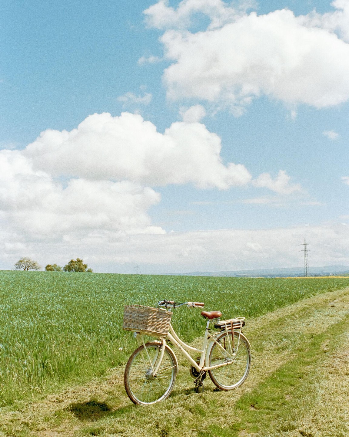 A bicycle with a basket is parked on a grassy path next to a field under a blue sky with clouds.