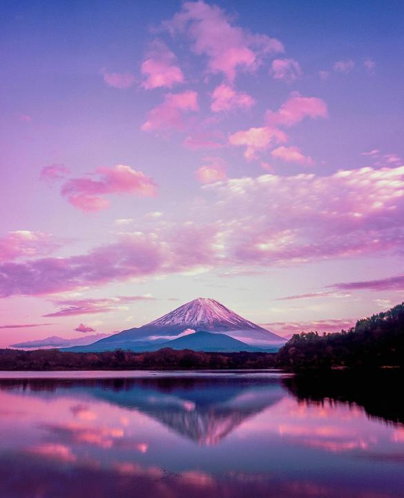 A snow-capped mountain is reflected in a lake under a sky with pink clouds.
