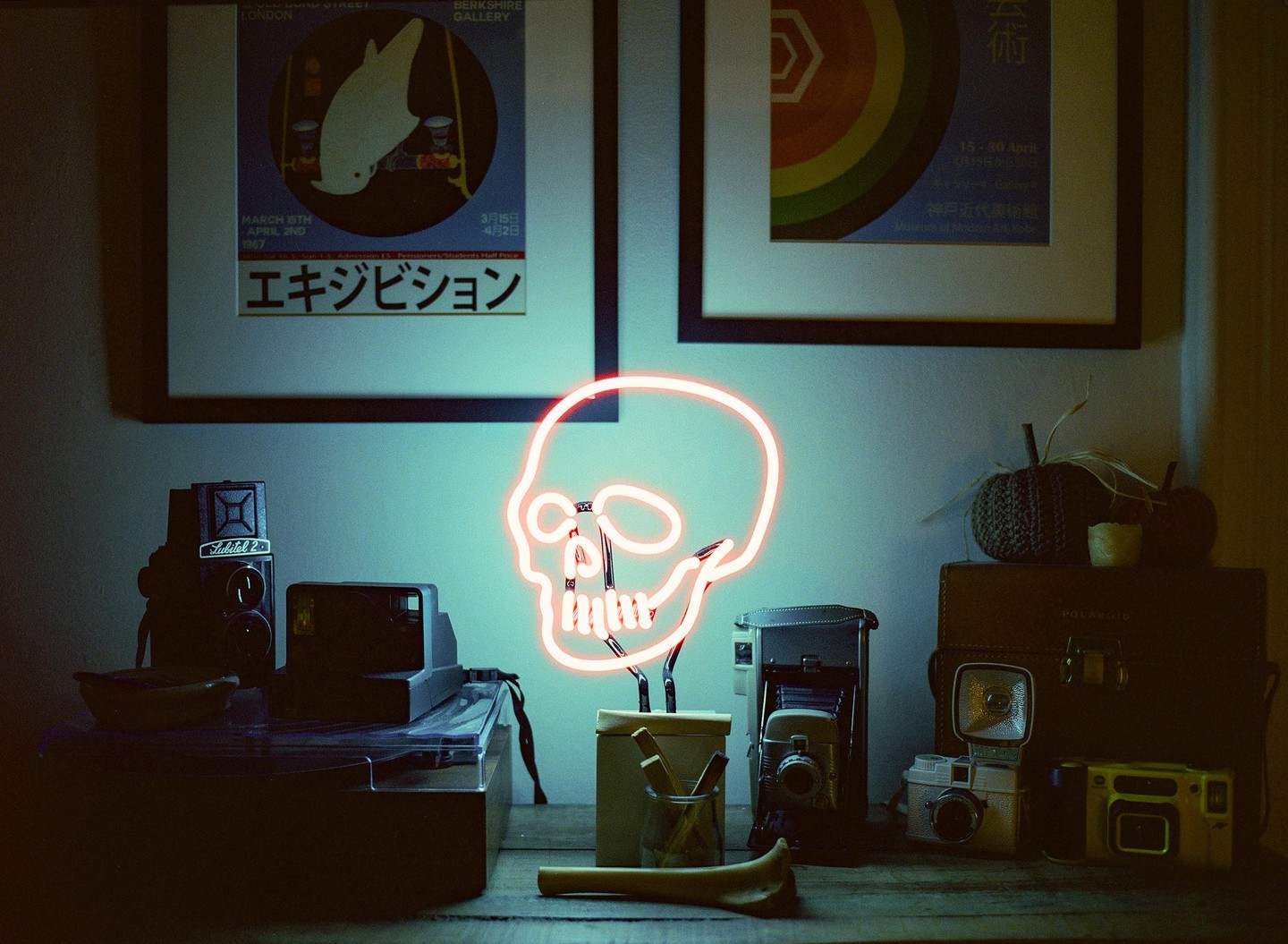 A neon skull light sits on a wooden surface surrounded by vintage cameras and framed posters.