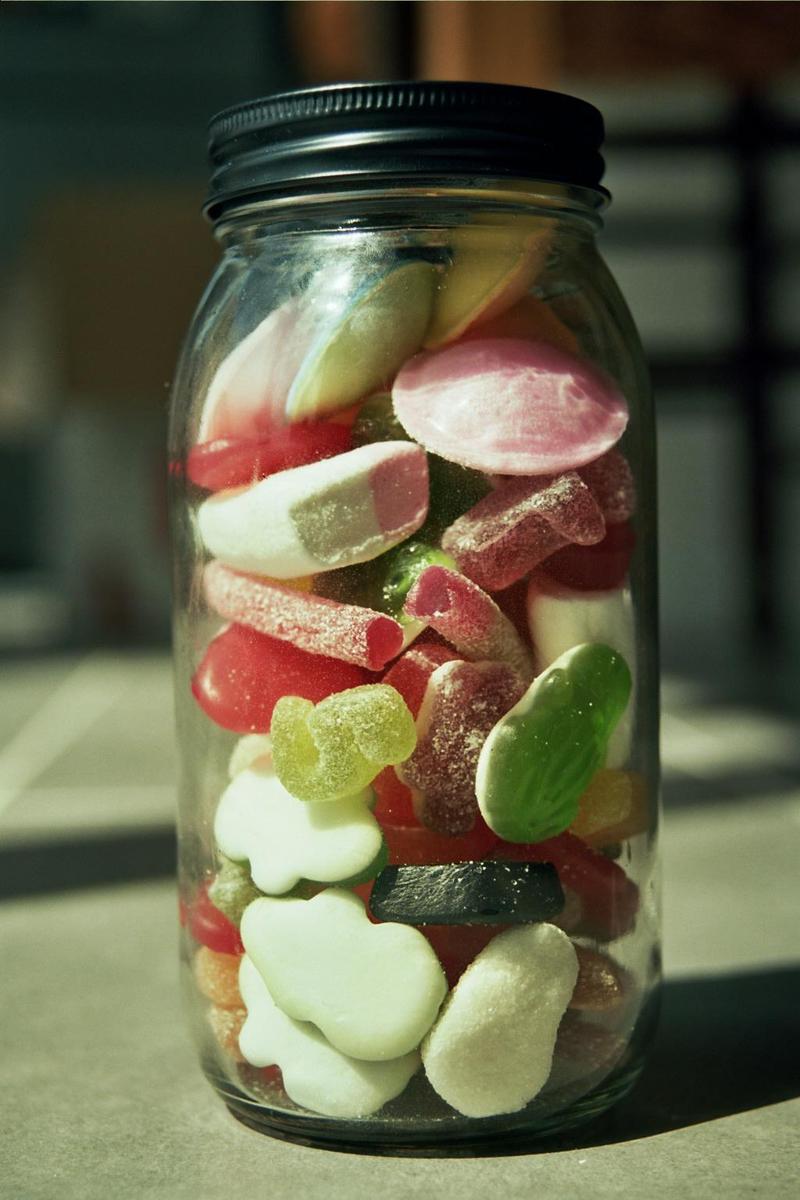 A glass jar with a black lid is filled with colorful candy.