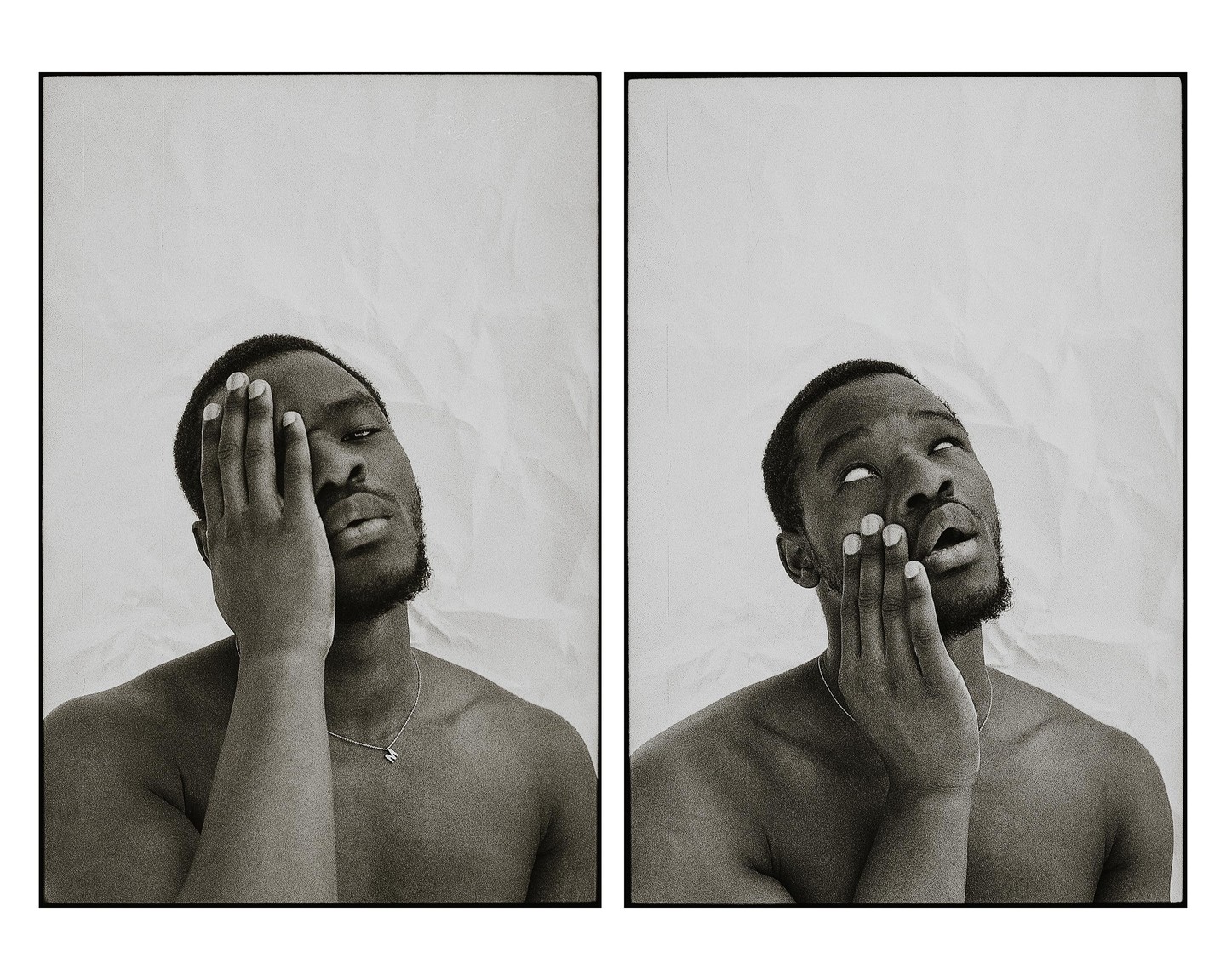 A man covers his face with his hand in two black and white self-portraits.