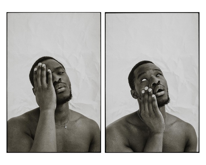 A man covers his face with his hand in two black and white self-portraits.