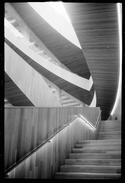 A black and white photograph shows a modern interior with multiple levels, stairs, and railings, all made of wood and concrete.