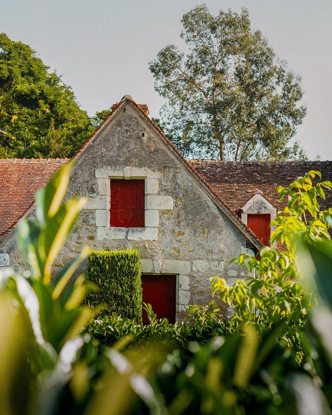 A stone house with red shutters and a red door is partially obscured by green foliage.