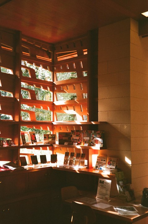 Sunlight streams through a wooden lattice window into a gift shop with various items on display.