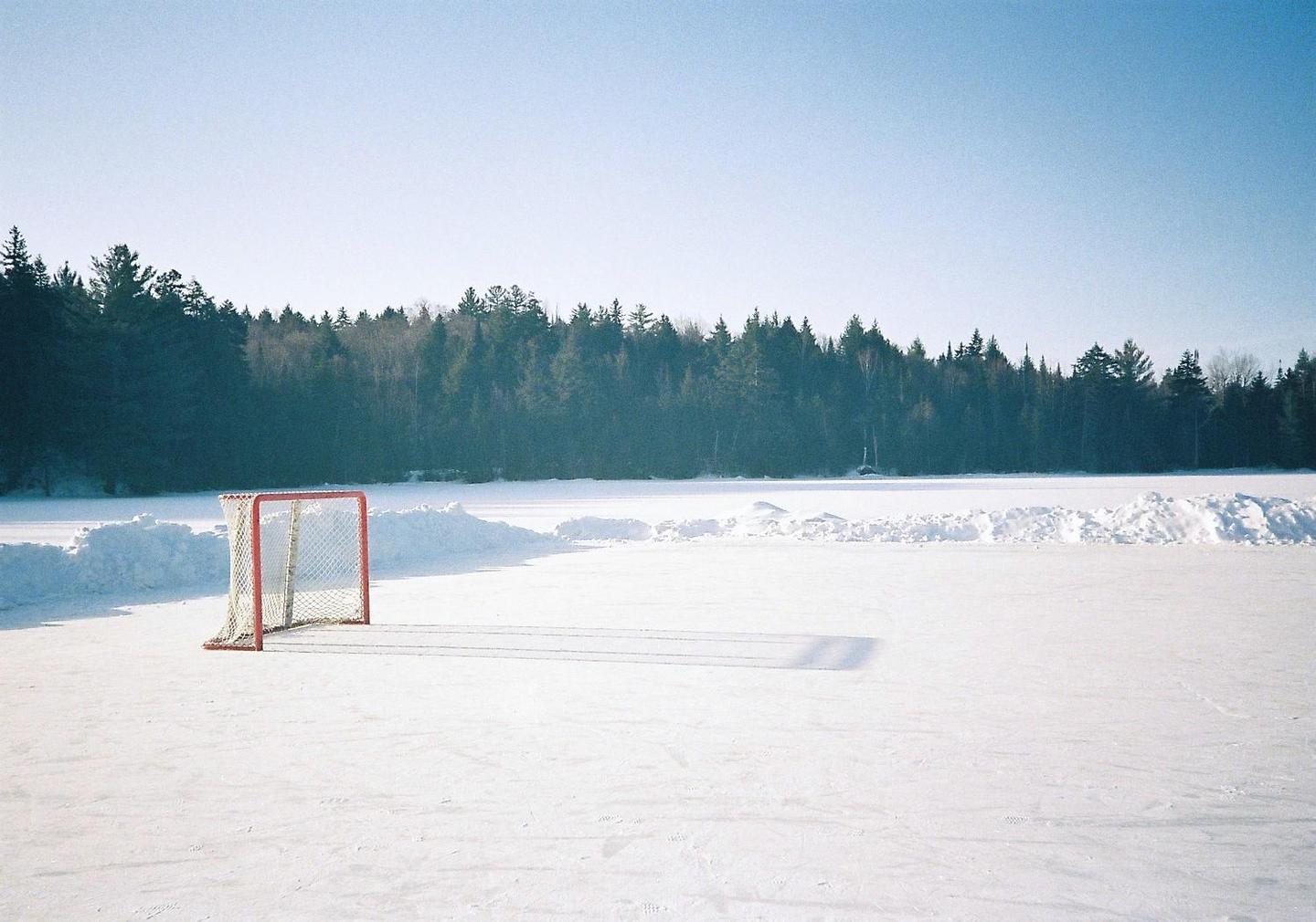 A red hockey net sits on a frozen, snow-covered lake with a forest in the background.