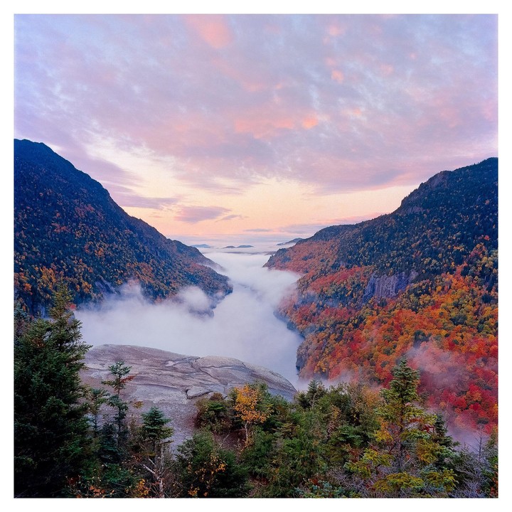 A valley filled with fog is surrounded by mountains with autumn foliage under a pink sky.