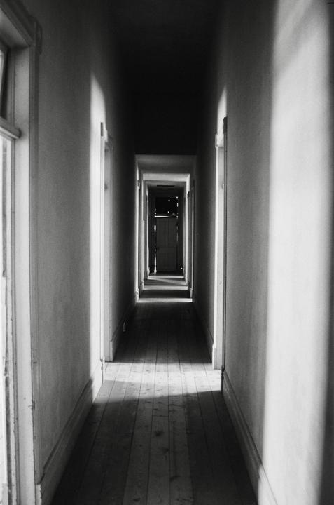 A long, narrow hallway with wooden floorboards and multiple doorways recedes into the distance, illuminated by patches of light.