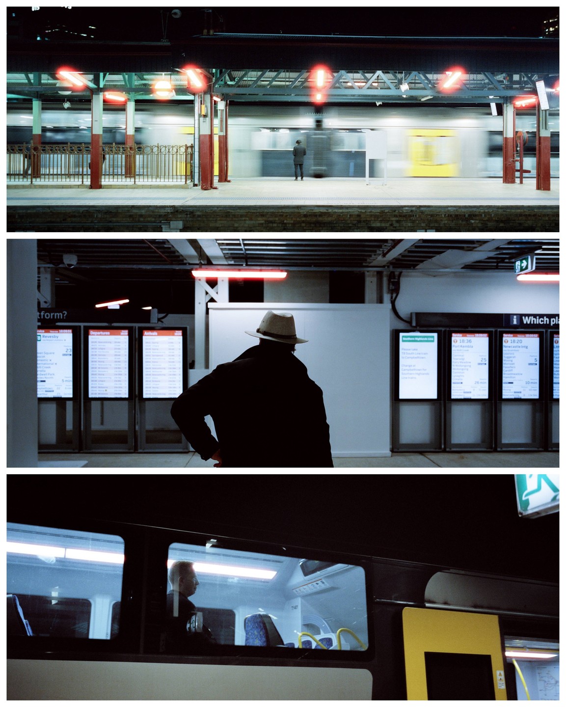A man in a hat stands on a train platform at night, with a blurred train passing by and another man visible through a train window.