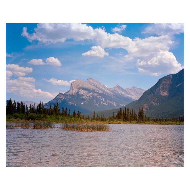 A lake with reeds in the foreground reflects a mountain range and a blue sky with clouds.