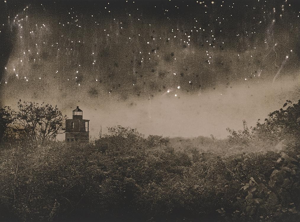 An abandoned fort stands among dense foliage under a starry night sky.