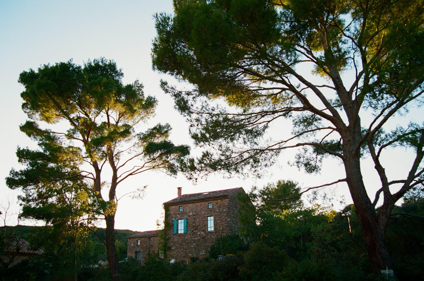 A stone house with blue shutters is nestled among tall trees under a bright sky.