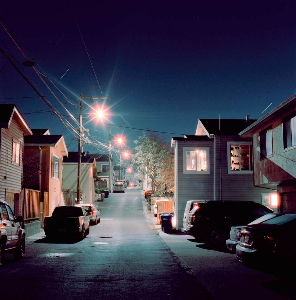 A residential street is illuminated by streetlights and house lights at night.