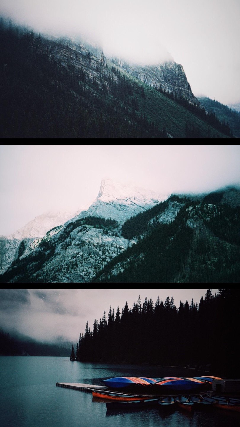 Three horizontal panels show a mountain landscape with a lake and canoes.