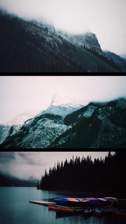 Three horizontal panels show a mountain landscape with a lake and canoes.