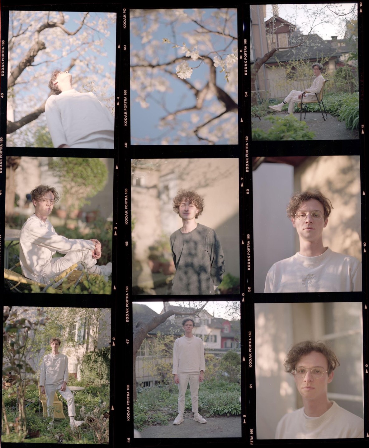 A man is shown in multiple poses and close-ups in a garden with some cherry blossoms.