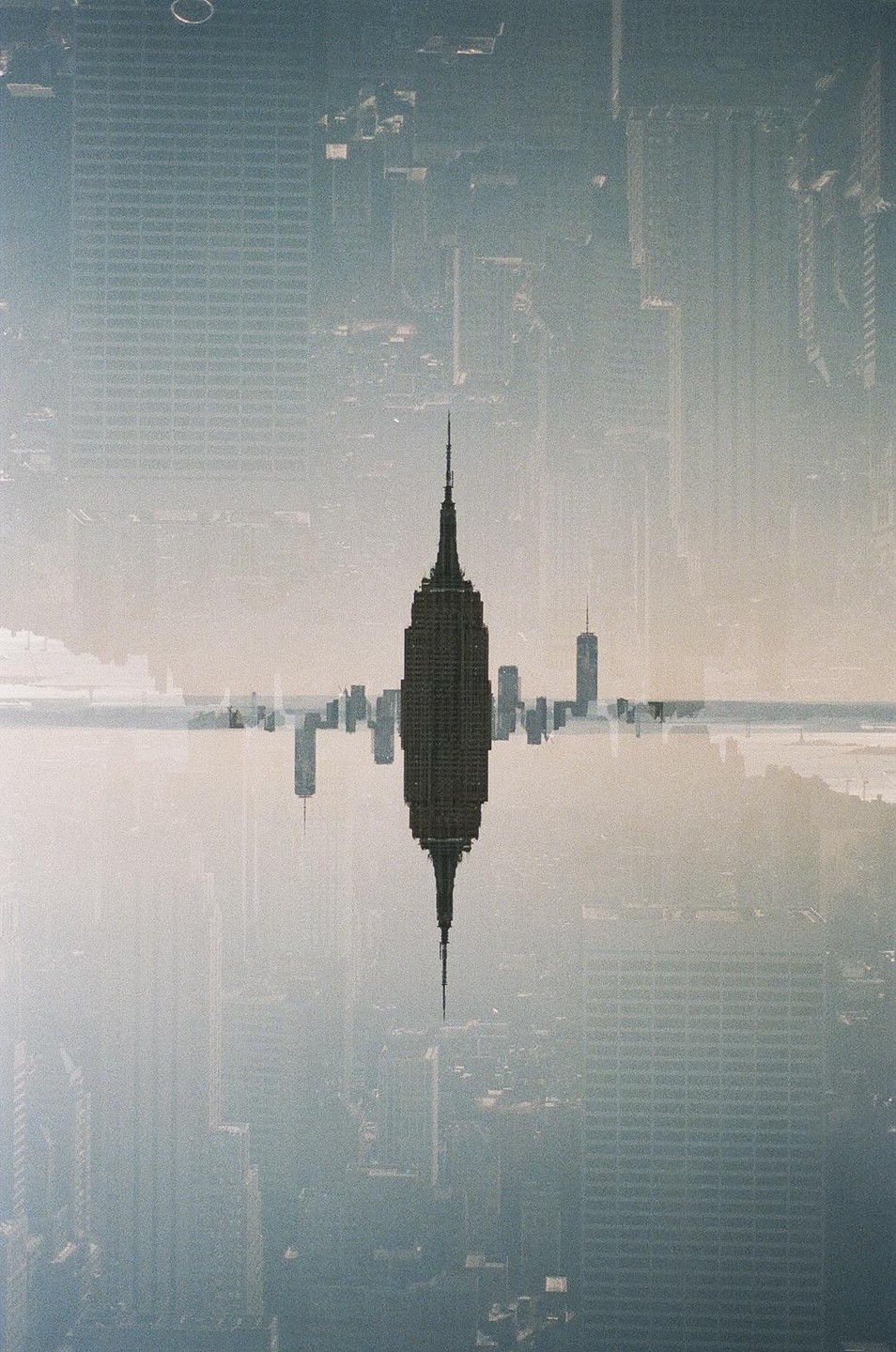 A double exposure shows the Empire State Building and other skyscrapers in New York City, with one exposure inverted.