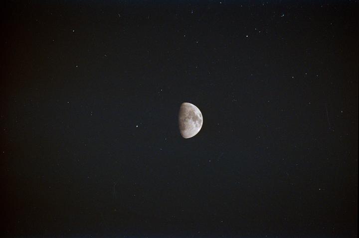 A half moon is visible in a dark sky filled with tiny white specks.