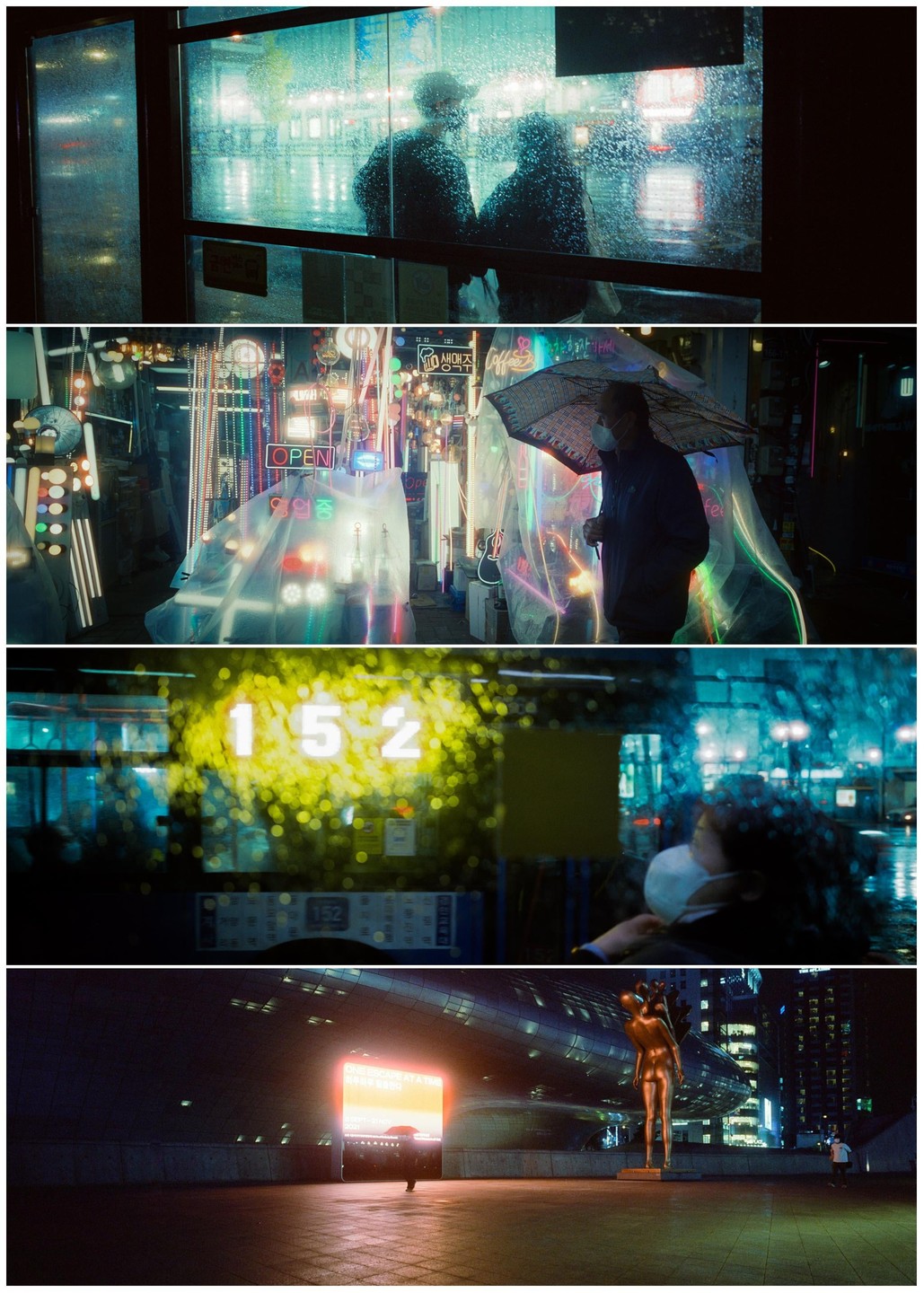 A series of four images shows different scenes of a city at night, including people in the rain, neon signs, and a statue.