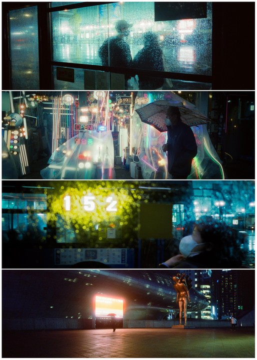 A series of four images shows different scenes of a city at night, including people in the rain, neon signs, and a statue.