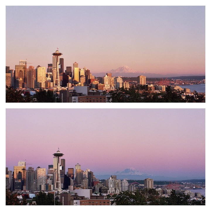 Two images show the Seattle skyline with the Space Needle and Mount Rainier in the background, taken minutes apart.
