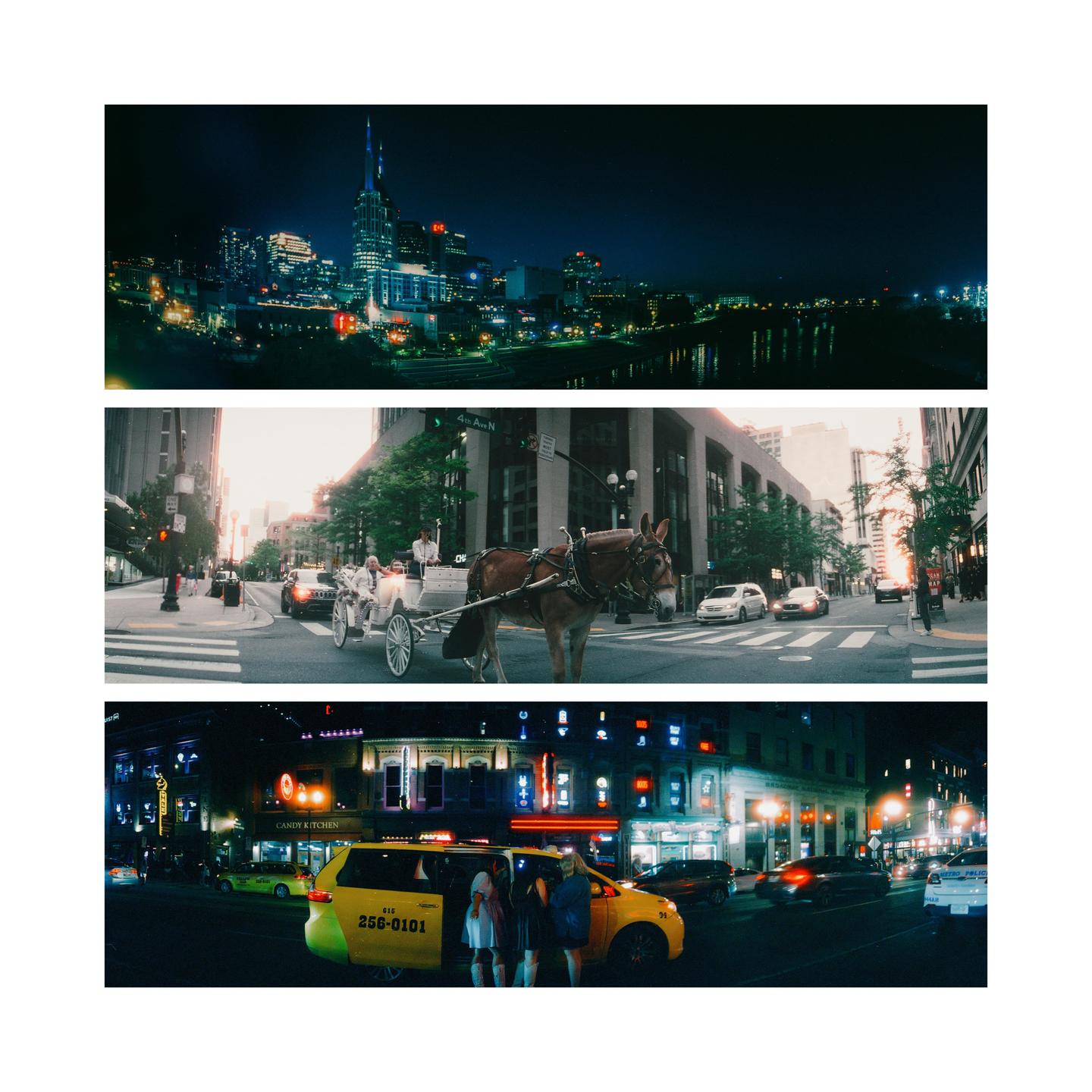 Three horizontal panels show a city skyline at night, a horse-drawn carriage on a city street, and people standing next to a taxi at night.