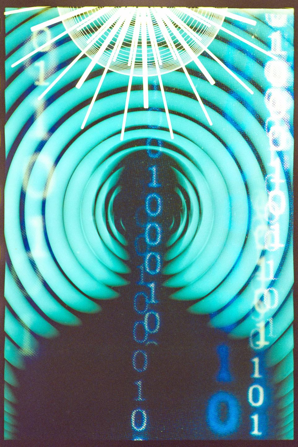 A multiple exposure shows binary code and radiating lines over a background of concentric circles.