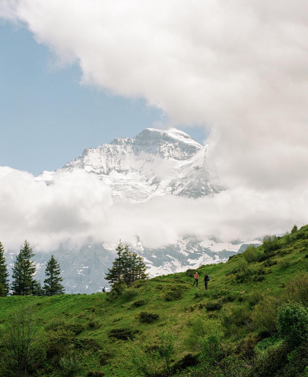 Two people hike on a grassy mountain slope with a snow-capped mountain peak and clouds in the background.