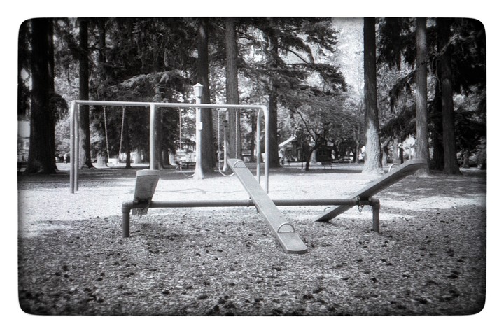 A seesaw and swing set are visible in a park with many trees.