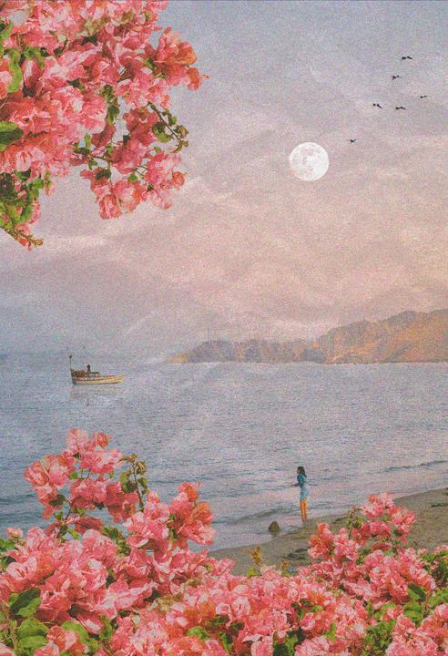 A woman stands on a beach with pink flowers in the foreground, a boat on the water, and a full moon in the sky.